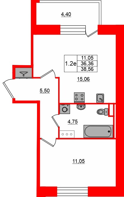 Квартира в ЖК «Сэтл ЛОФТ», 1 комнатная, 36.36 м², 8 этаж
