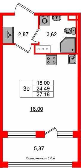 Квартира в ЖК «Сэтл ЛОФТ», студия, 24.49 м², 7 этаж