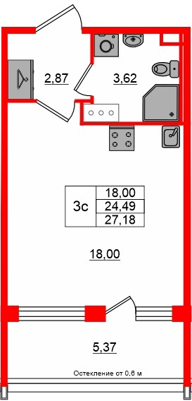 Квартира в ЖК «Сэтл ЛОФТ», студия, 24.49 м², 9 этаж