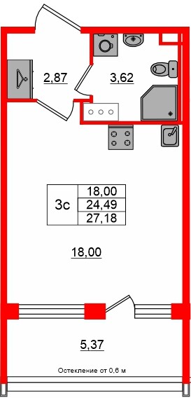 Квартира в ЖК «Сэтл ЛОФТ», студия, 24.49 м², 11 этаж