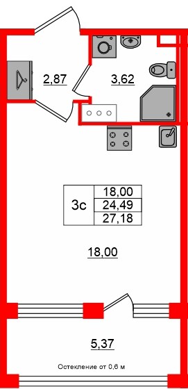 Квартира в ЖК «Сэтл ЛОФТ», студия, 24.49 м², 3 этаж
