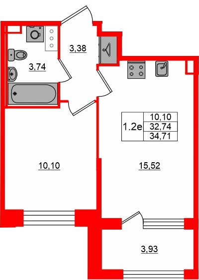 Квартира в ЖК «Сэтл ЛОФТ», 1 комнатная, 32.74 м², 4 этаж
