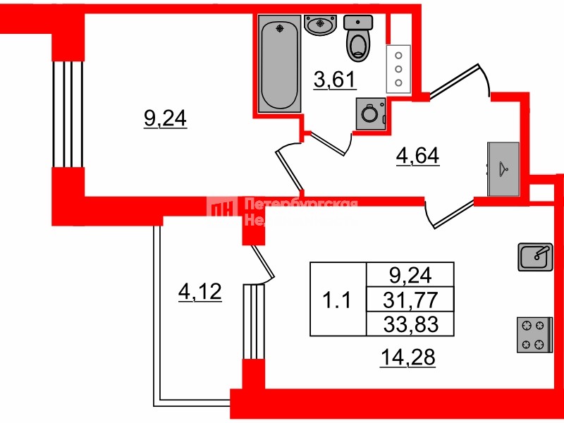Квартира в ЖК «Сэтл ЛОФТ», 1 комнатная, 31.77 м², 4 этаж