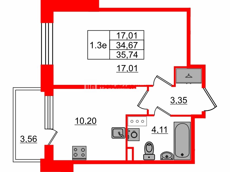 Квартира в ЖК Setl Лофт, 1 комнатная, 34.67 м², 10 этаж