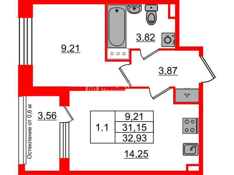 Квартира в ЖК Setl Лофт, 1 комнатная, 31.15 м², 5 этаж