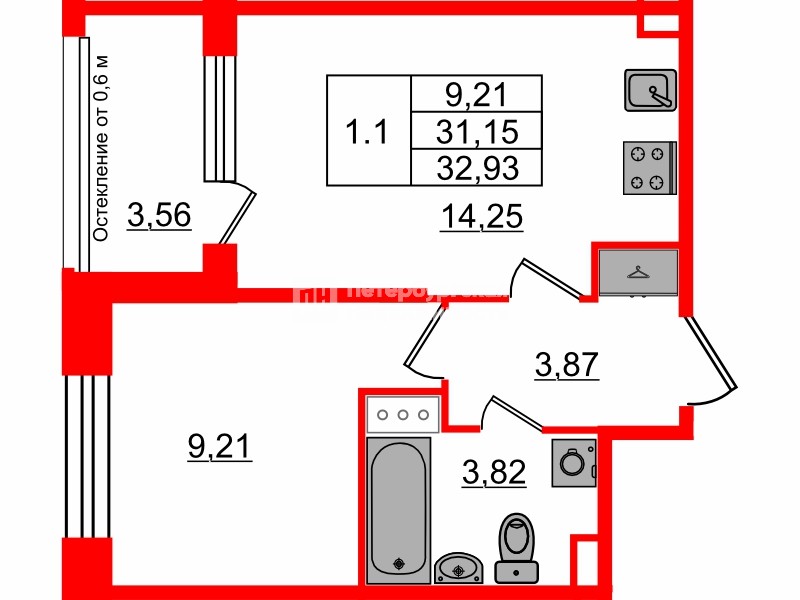 Квартира в ЖК Setl Лофт, 1 комнатная, 31.15 м², 11 этаж