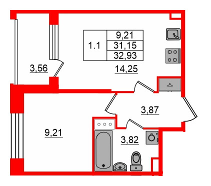 Планировка — 1-комн квартира, 31,1 м² в ЖК «Сэтл Лофт»