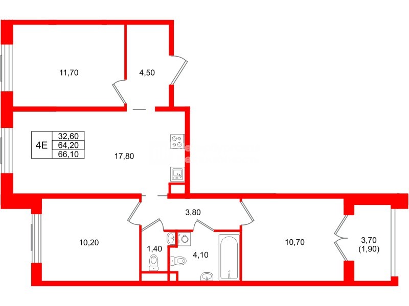 Квартира в ЖК «Пулково Лейк», 3 комнатная, 66.1 м², 4 этаж