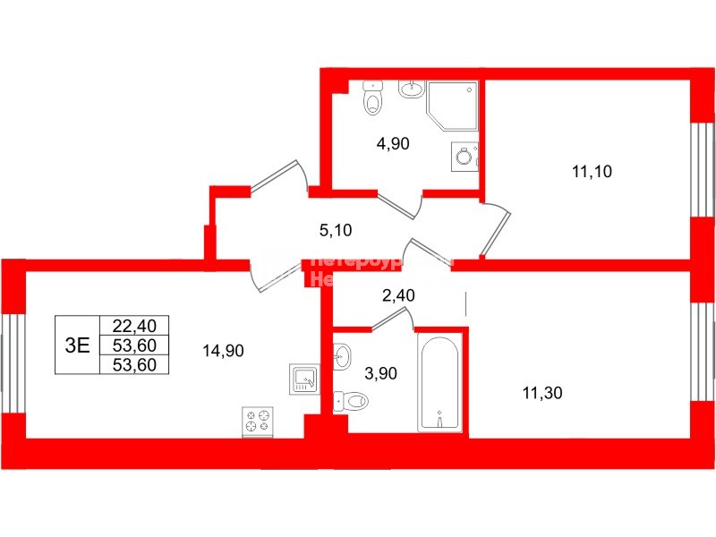 Квартира в ЖК «Пулково Lake», 2 комнатная, 53.6 м², 2 этаж