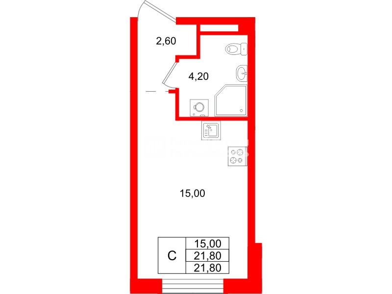 Квартира в ЖК «Пулково Лейк», студия, 21.8 м², 2 этаж