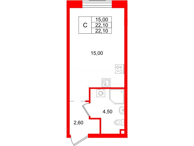 Планировка — Студия квартира, 22,1 м² в ЖК «Пулково Лейк»