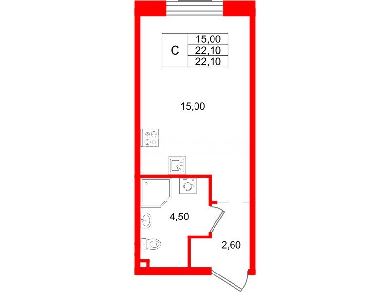 Планировка — Студия квартира, 22,1 м² в ЖК «Пулково Лейк»