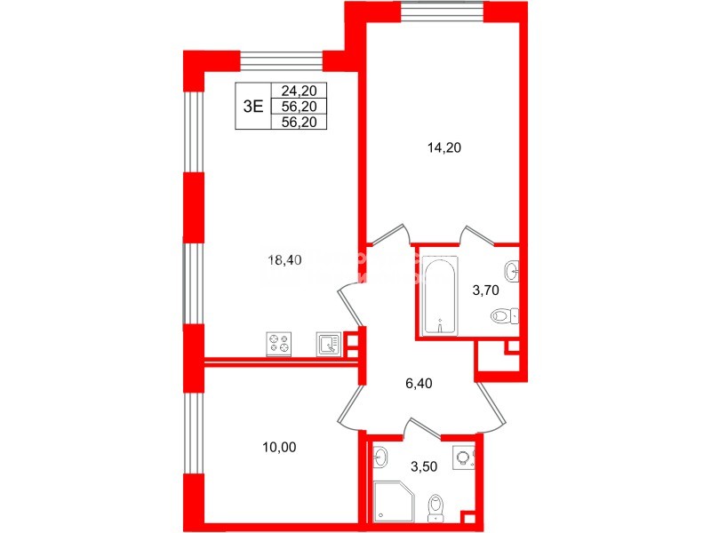Квартира в ЖК «Пулково Lake», 2 комнатная, 56.2 м², 2 этаж