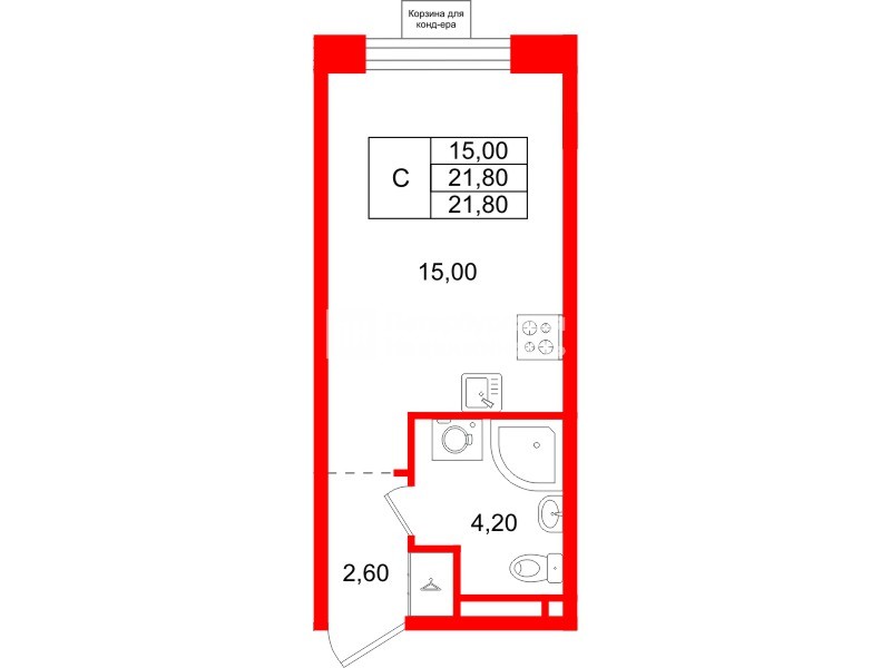 Квартира в ЖК «Пулково Лейк», студия, 21.8 м², 3 этаж
