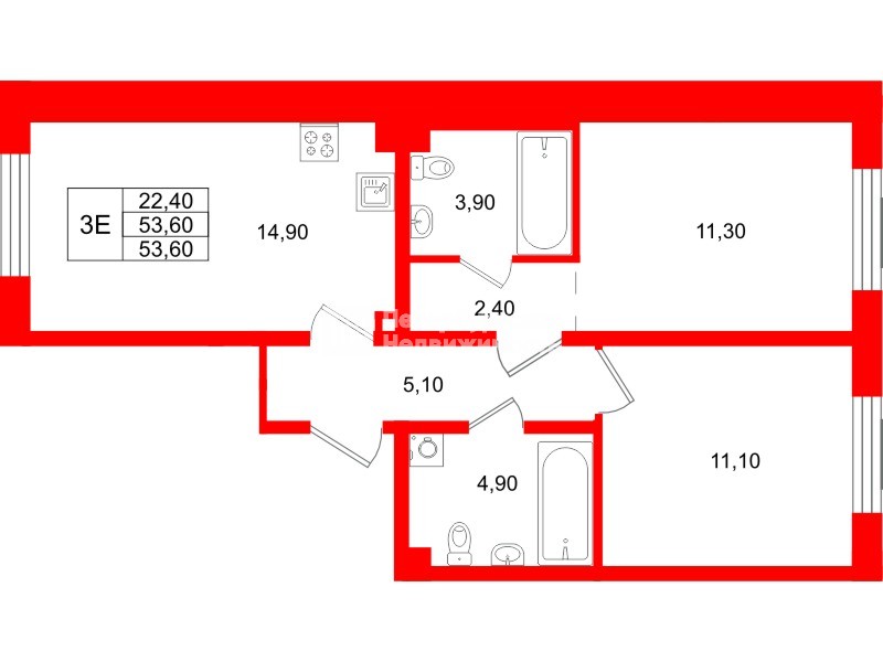 Квартира в ЖК «Пулково Lake», 2 комнатная, 53.6 м², 1 этаж