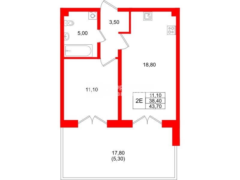 Квартира в ЖК «Пулково Lake», 1 комнатная, 43.7 м², 1 этаж