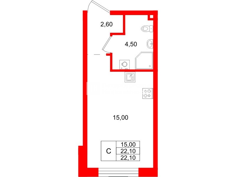 Планировка — Студия квартира, 22,1 м² в ЖК «Пулково Лейк»