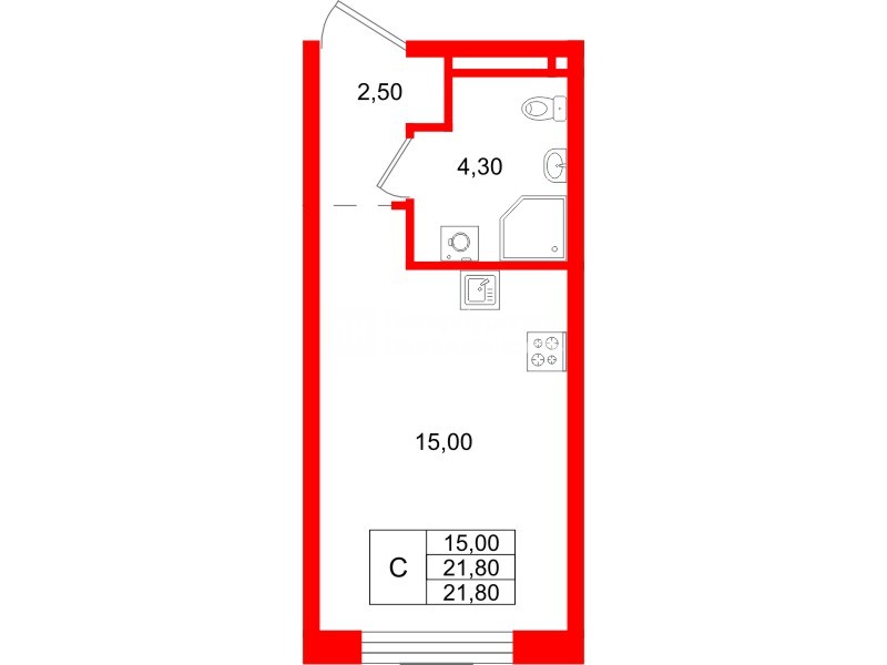 Квартира в ЖК «Пулково Лейк», студия, 21.8 м², 3 этаж