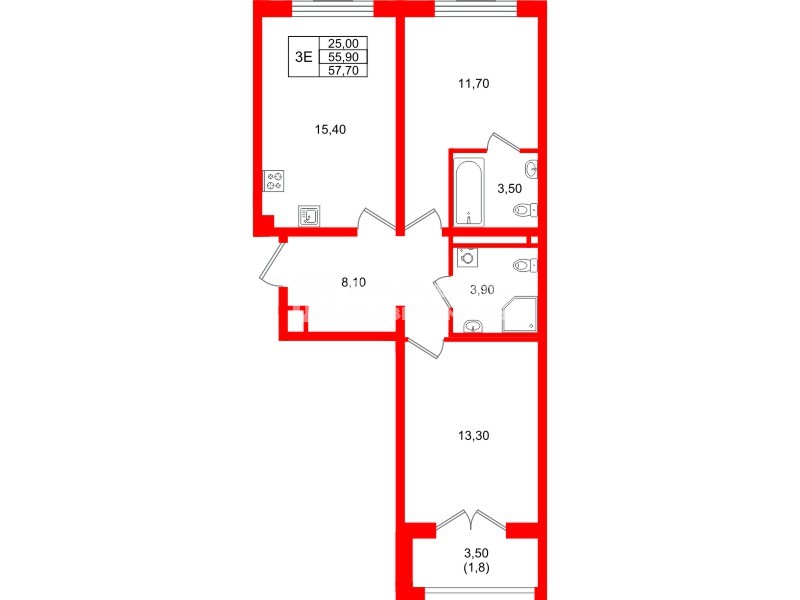 Квартира в ЖК «Пулково Lake», 2 комнатная, 57.7 м², 4 этаж