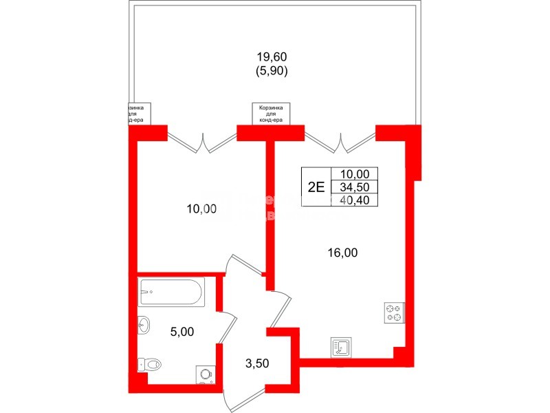 Квартира в ЖК «Пулково Lake», 1 комнатная, 40.4 м², 1 этаж