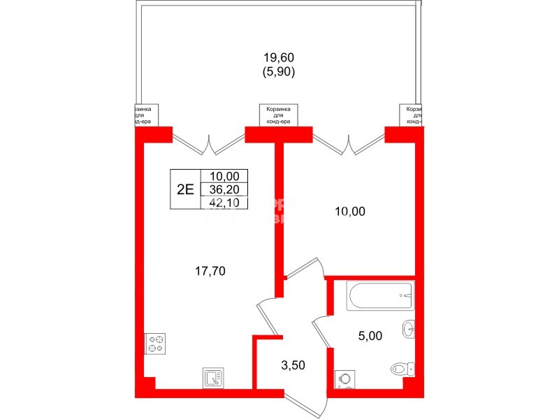 Квартира в ЖК «Пулково Lake», 1 комнатная, 42.1 м², 1 этаж