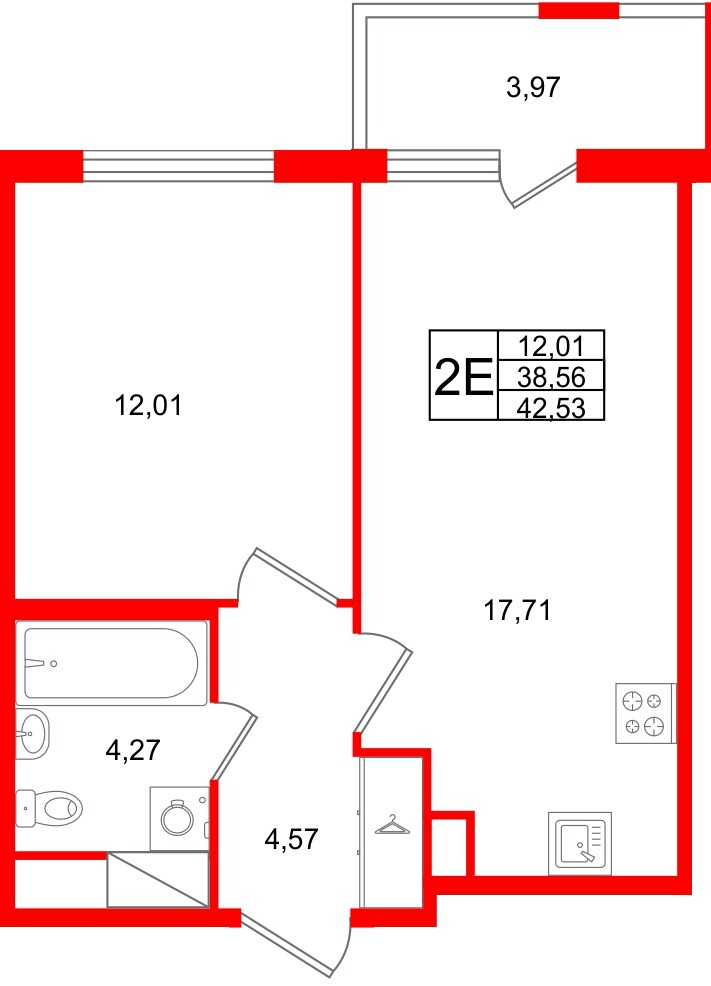 Квартира в ЖК ЯСНО.ЯНИНО, 1 комнатная, 42.53 м², 5 этаж
