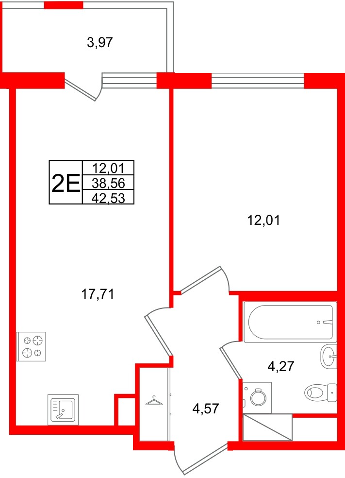 Квартира в ЖК ЯСНО.ЯНИНО, 1 комнатная, 42.53 м², 6 этаж