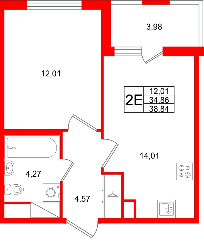 Квартира в ЖК ЯСНО.ЯНИНО, 1 комнатная, 38.84 м², 3 этаж