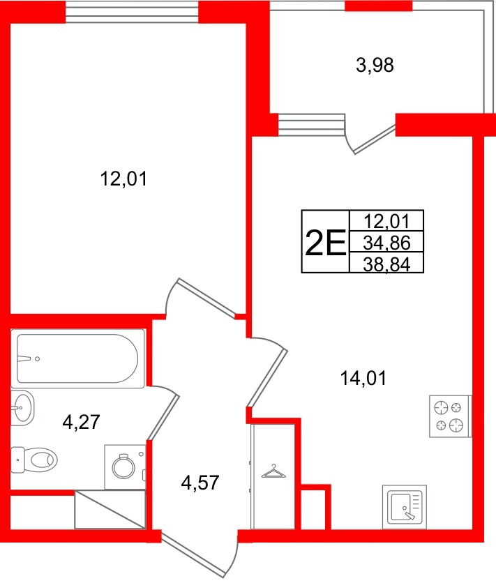 Квартира в ЖК ЯСНО.ЯНИНО, 1 комнатная, 38.84 м², 4 этаж
