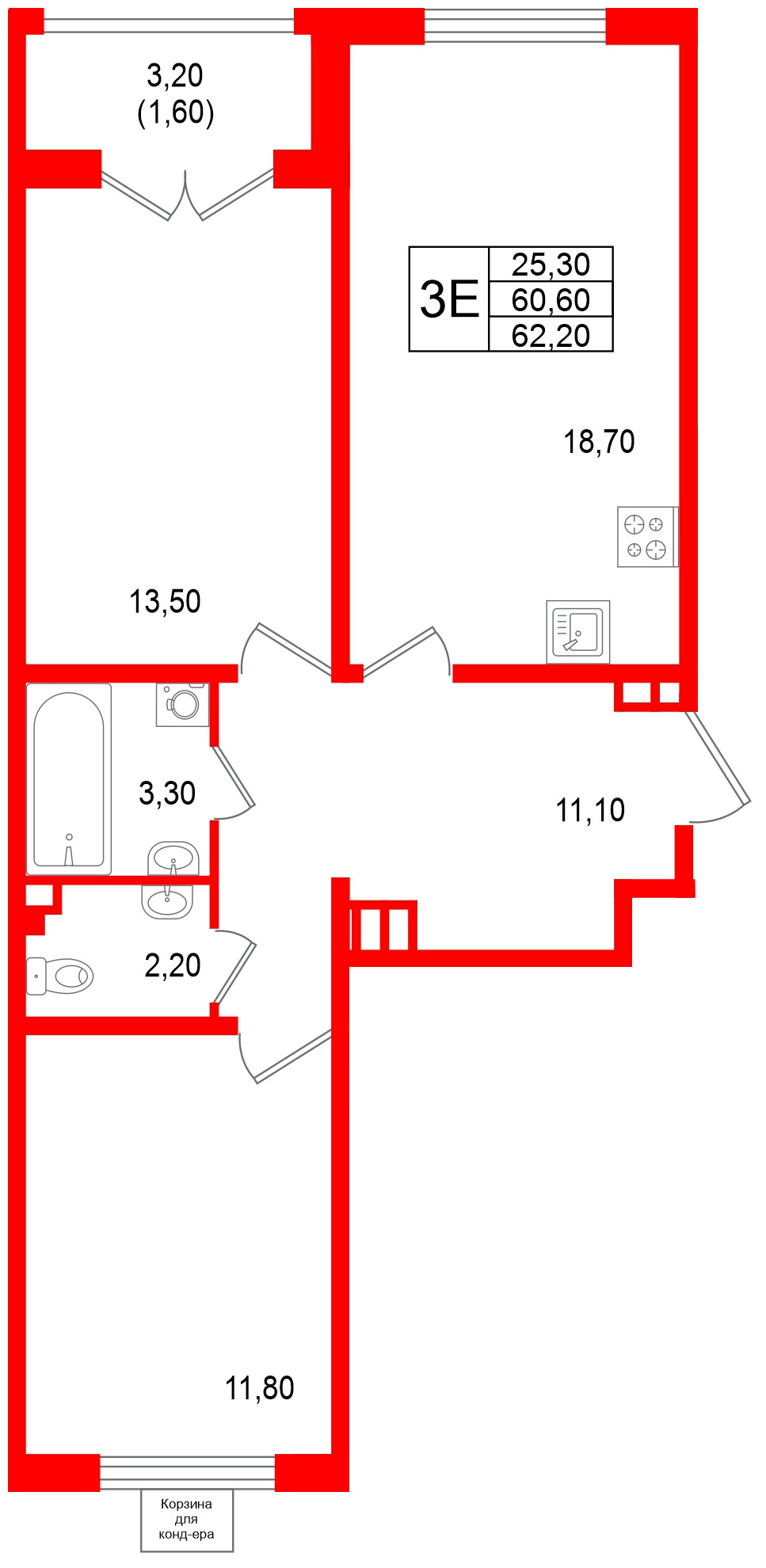 Квартира в ЖК «Пулково Lake», 2 комнатная, 62.2 м², 3 этаж