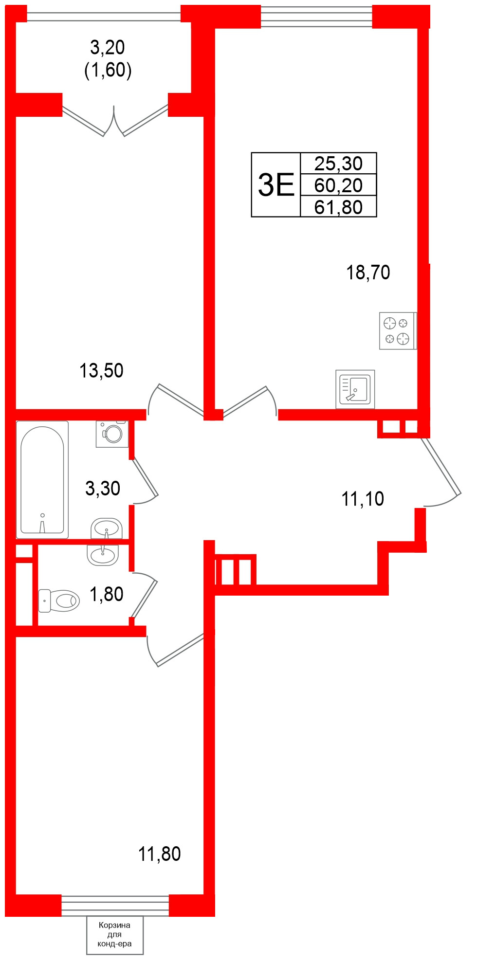 Квартира в ЖК «Пулково Lake», 2 комнатная, 61.8 м², 4 этаж