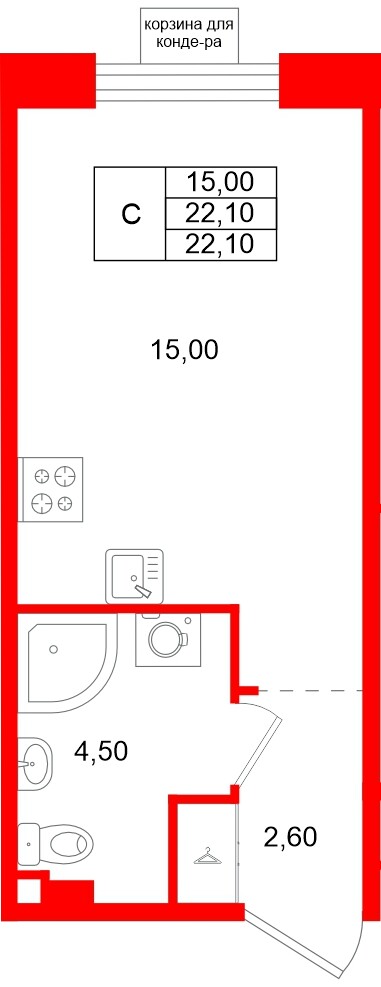 Квартира в ЖК «Пулково Лейк», студия, 22.1 м², 2 этаж