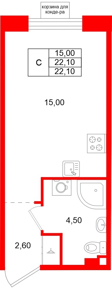 Квартира в ЖК «Пулково Лейк», студия, 22.1 м², 2 этаж