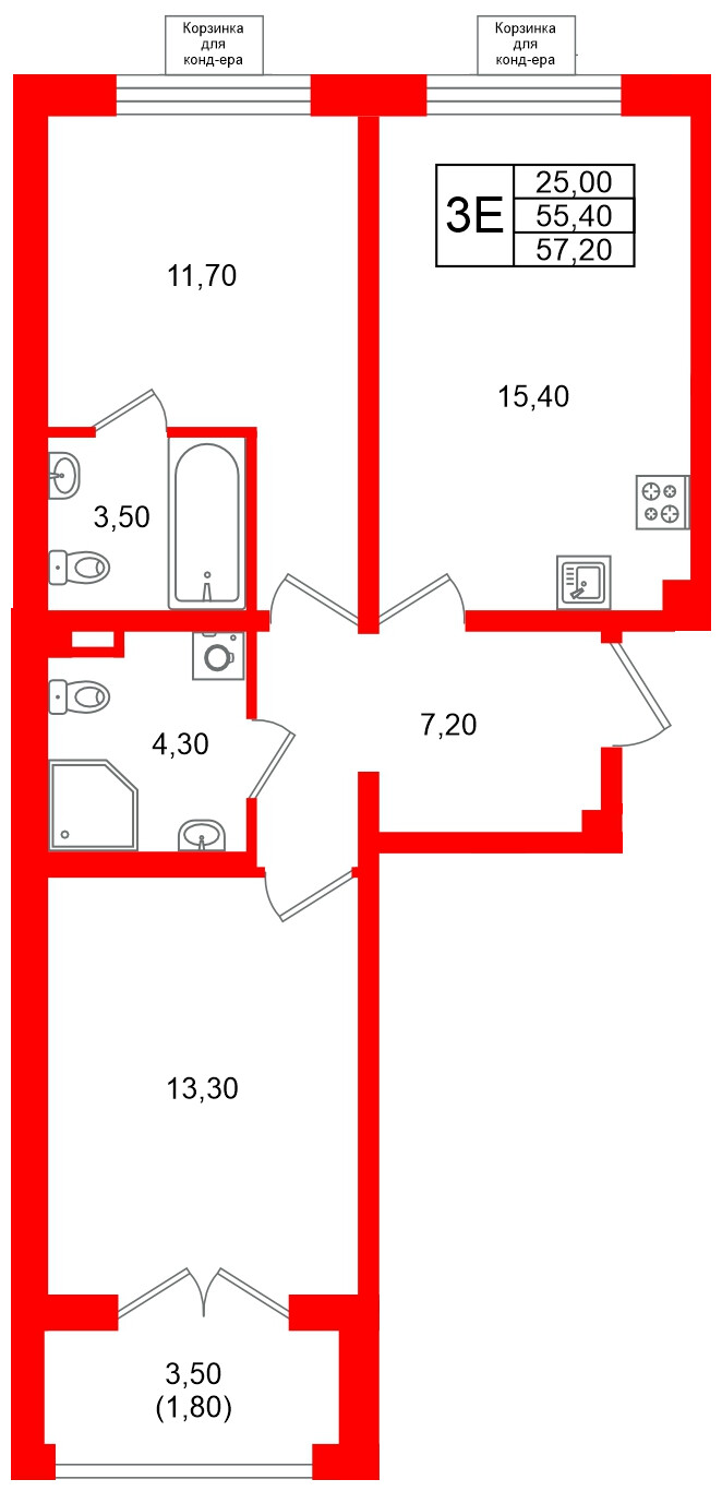 Квартира в ЖК «Пулково Lake», 2 комнатная, 57.2 м², 2 этаж