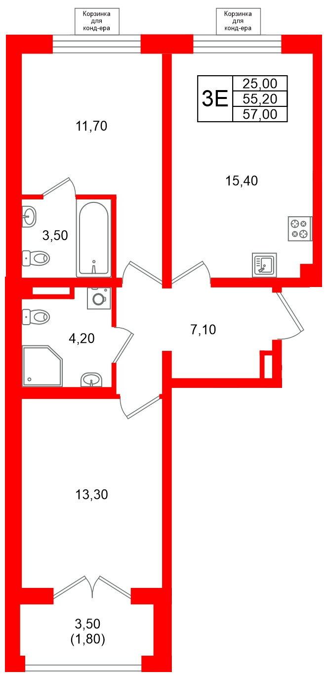 Квартира в ЖК «Пулково Lake», 2 комнатная, 57 м², 3 этаж