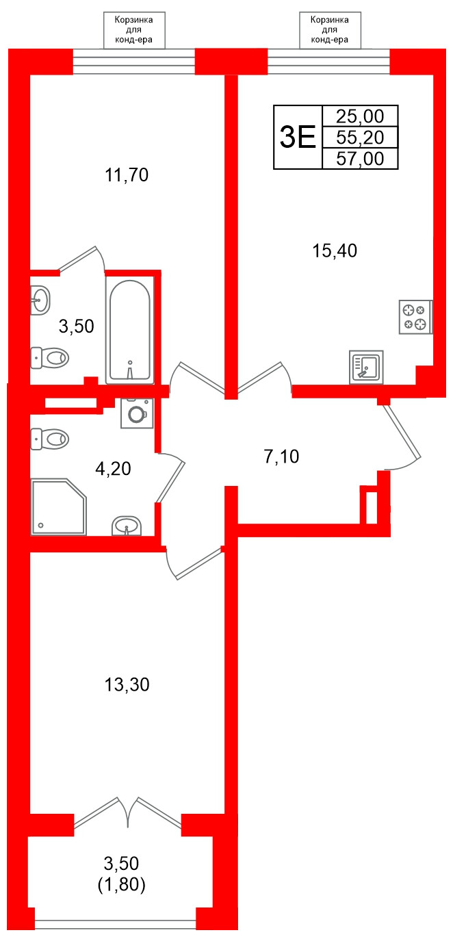 Квартира в ЖК «Пулково Lake», 2 комнатная, 57 м², 4 этаж