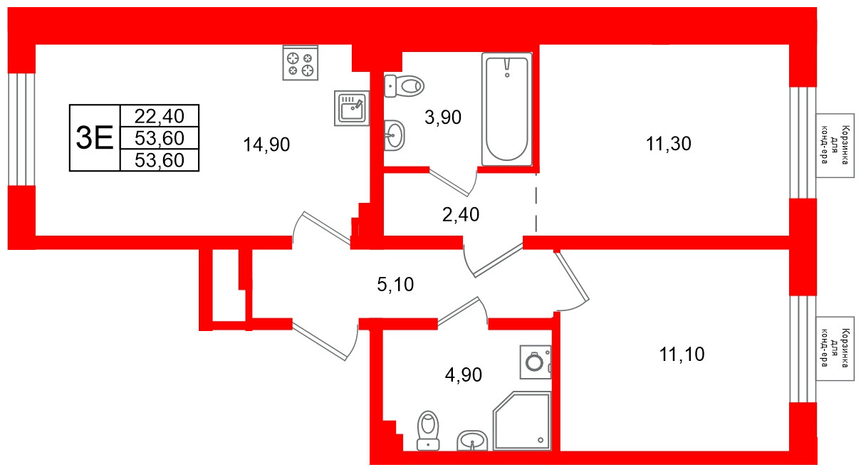Квартира в ЖК «Пулково Lake», 2 комнатная, 53.6 м², 1 этаж