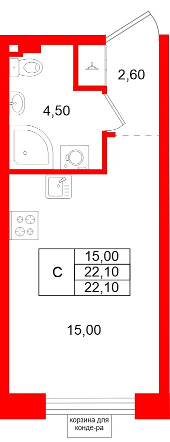 Квартира в ЖК «Пулково Лейк», студия, 22.1 м², 2 этаж