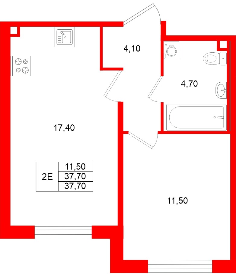 Квартира в ЖК «Пулково Лейк», 1 комнатная, 37.7 м², 1 этаж