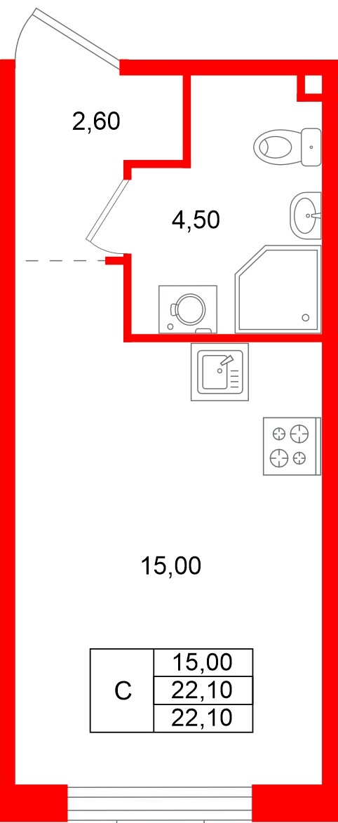 Квартира в ЖК «Пулково Лейк», студия, 22.1 м², 2 этаж