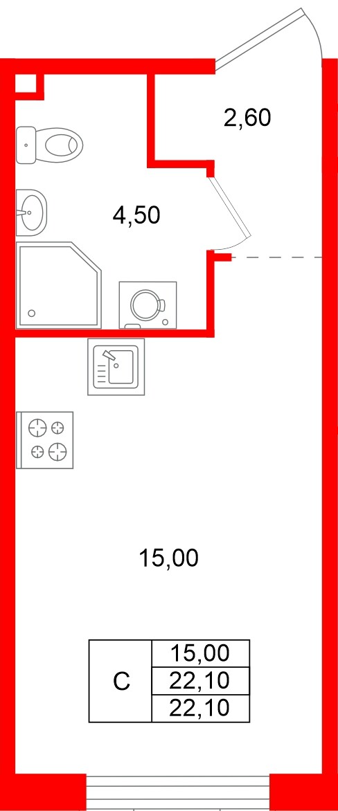 Квартира в ЖК «Пулково Лейк», студия, 22.1 м², 2 этаж