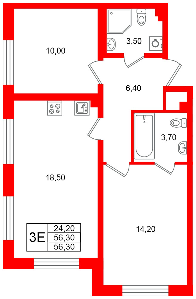 Квартира в ЖК «Пулково Lake», 2 комнатная, 56.3 м², 2 этаж