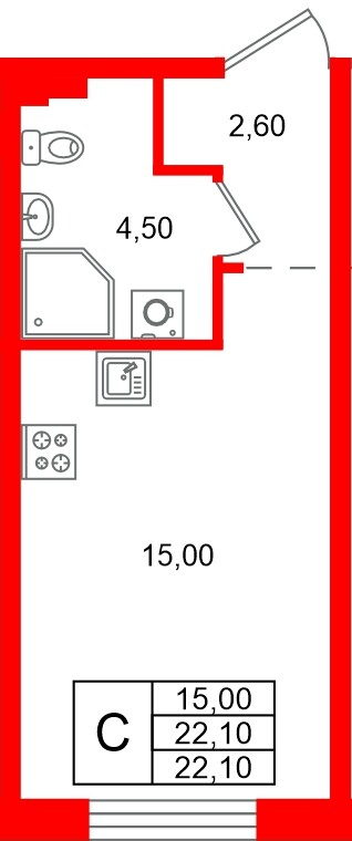 Квартира в ЖК «Пулково Лейк», студия, 22.1 м², 2 этаж