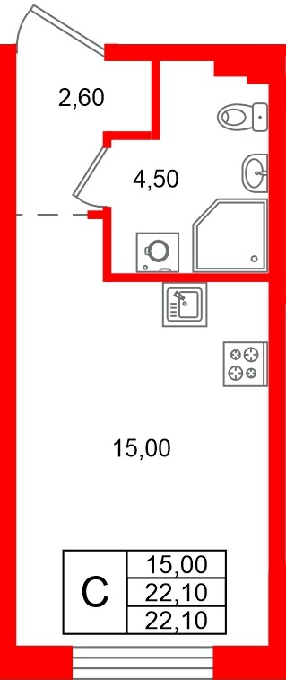 Квартира в ЖК «Пулково Лейк», студия, 22.1 м², 2 этаж