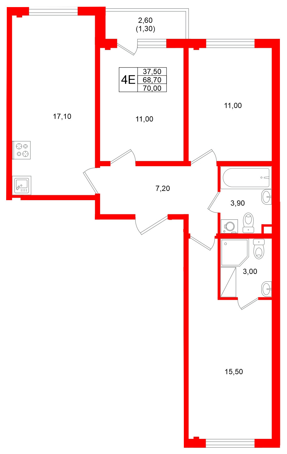 Квартира в ЖК «Ручьи–2», 3 комнатная, 70 м², 8 этаж