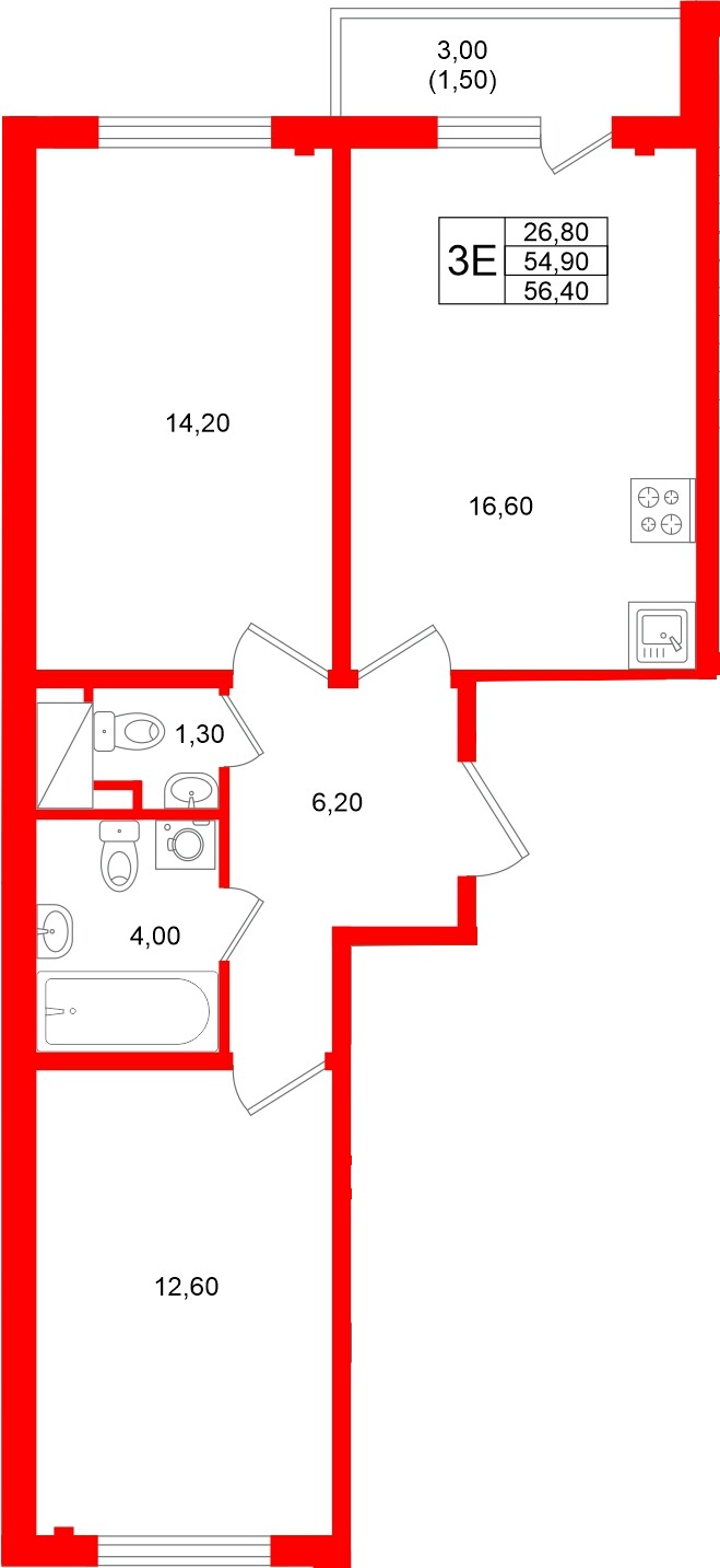 Квартира в ЖК «Ручьи–2», 2 комнатная, 56.4 м², 2 этаж