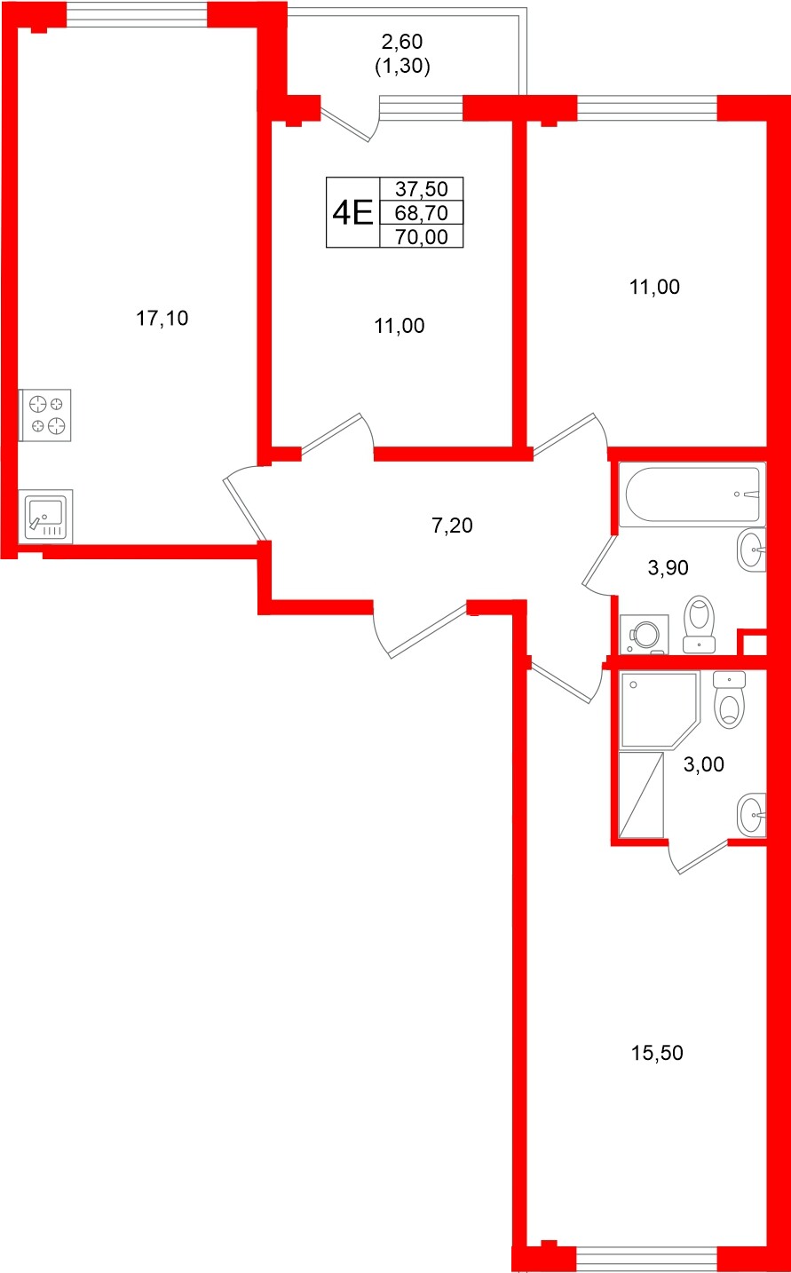 Квартира в ЖК «Ручьи–2», 3 комнатная, 70 м², 6 этаж