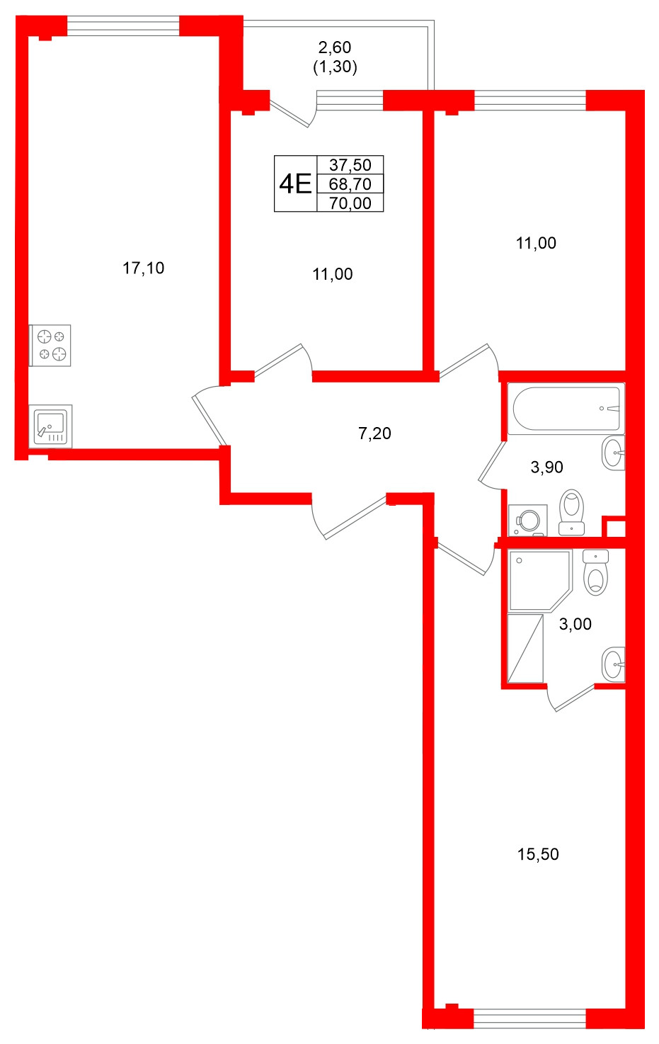 Квартира в ЖК «Ручьи–2», 3 комнатная, 70 м², 19 этаж