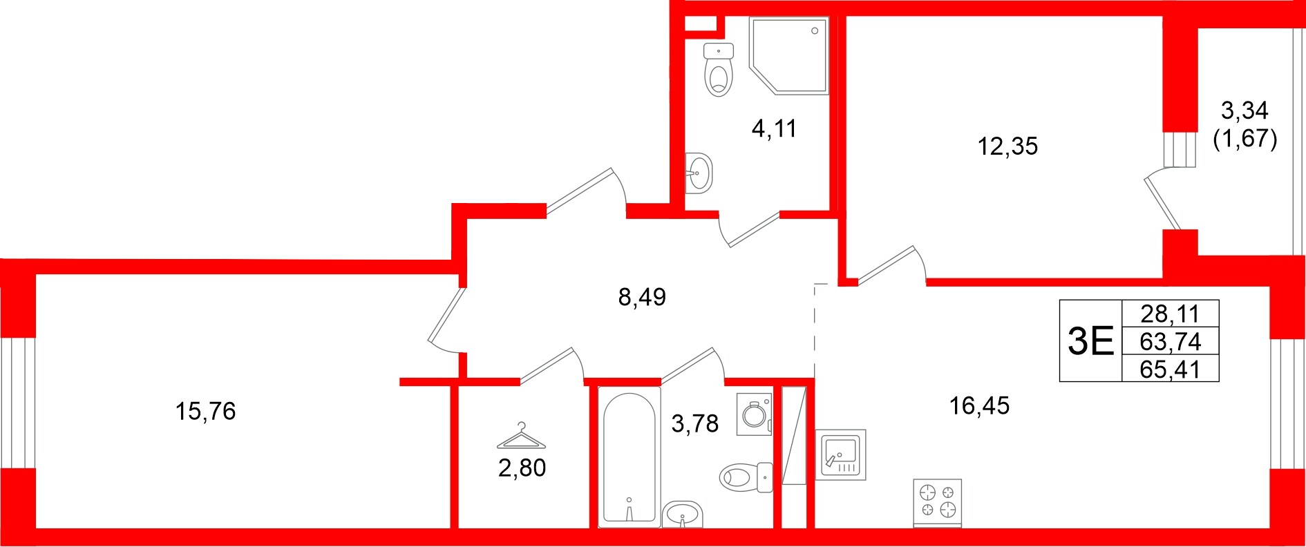 Квартира в ЖК Энфилд, 2 комнатная, 65.41 м², 9 этаж