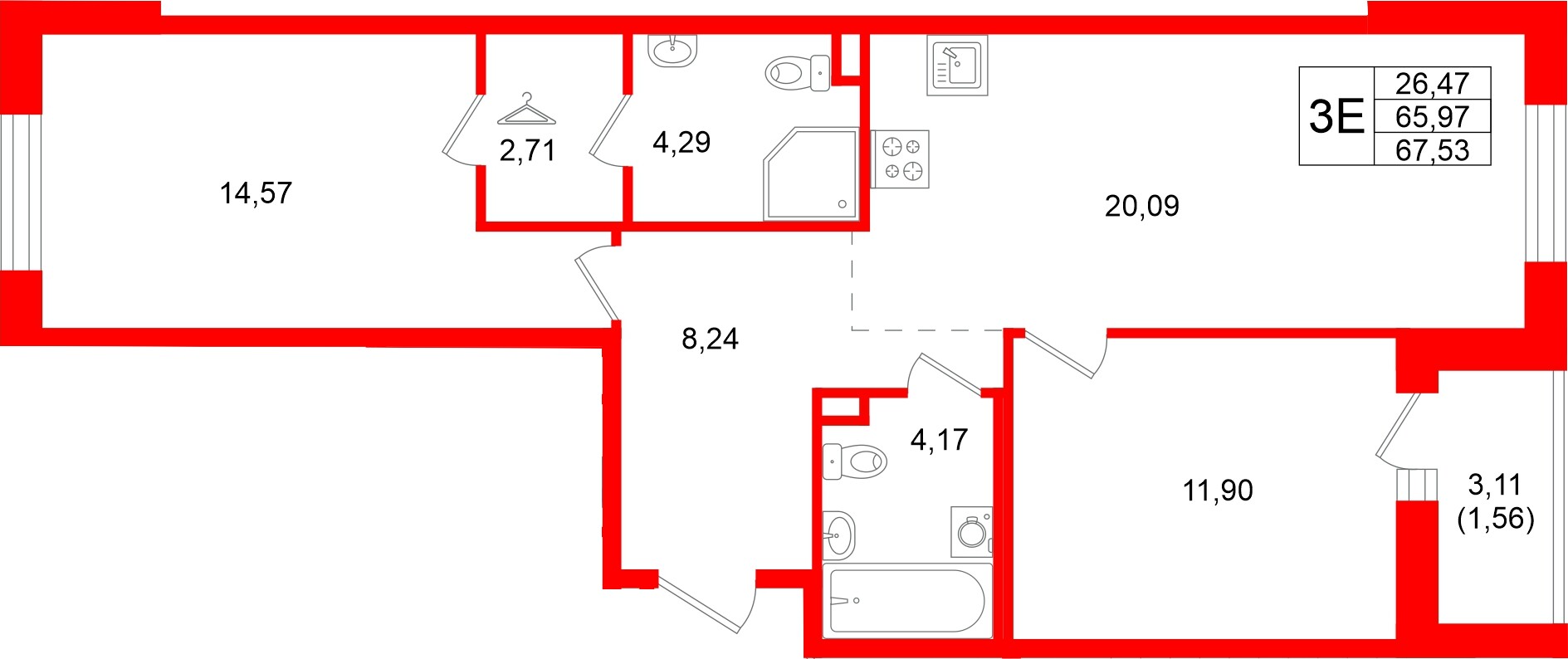 Квартира в ЖК Энфилд, 2 комнатная, 67.53 м², 2 этаж